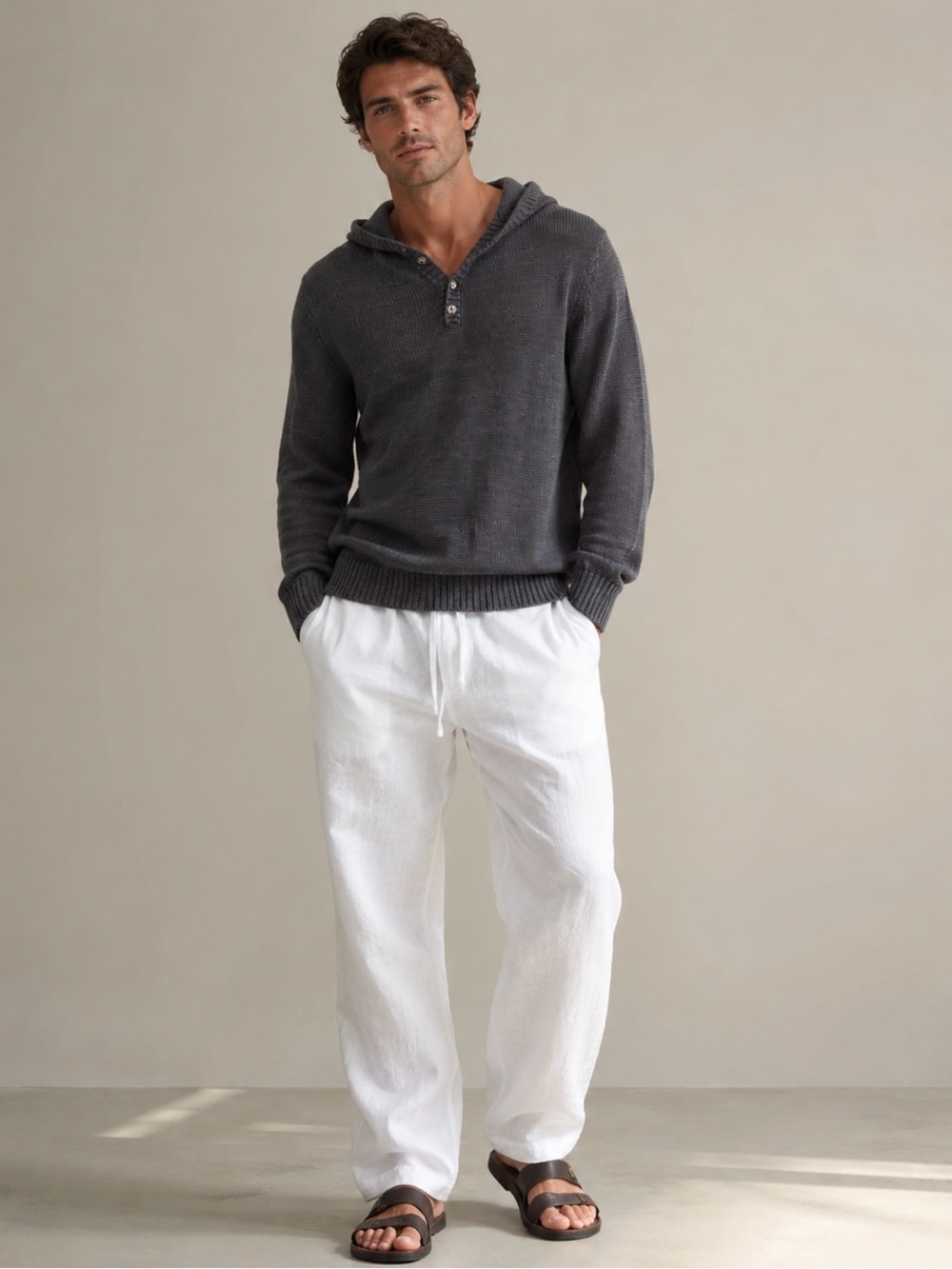 Vince 100% Linen Knit Hoodie Charcoal Gray SZ Medium Quiet Luxury Coastal EUC